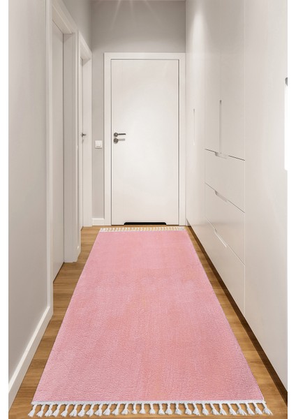 Dekoratif Saçaklı Pembe Yumuşak Dokulu Post Peluş Yolluk Halı 80 x 400 cm