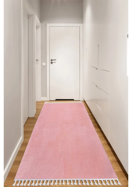 Konfor Halı Dekoratif Saçaklı Pembe Yumuşak Dokulu Post Peluş Yolluk Halı 80 x 300 cm