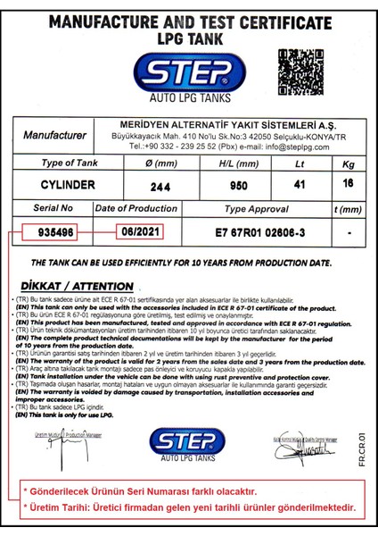 Silindir Manken/ince Lpg Tankı 41 Litre Ø 244 x H 950