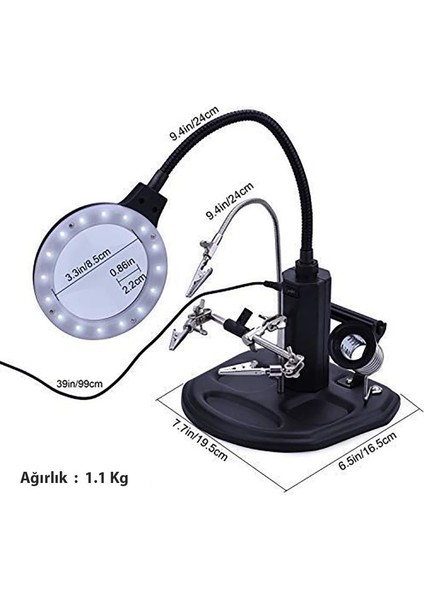802 Büyüteç Lehim Havya Sehpa Standı Yardımcı El LED 2.5/4x