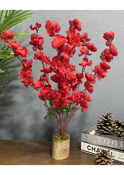 Yapay Çiçek Ahşap Kütük Saksılı Kırmızı Bahardalı Palmiye Ağacı Salon Bitkisi 50 cm