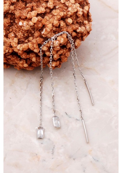 Baget Taşlı Gümüş Zincir Küpe