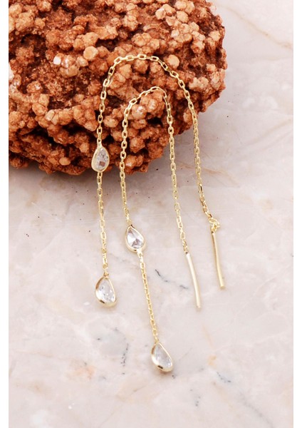 Damla Taşlı Altın Yaldızlı Gümüş Zincir Küpe