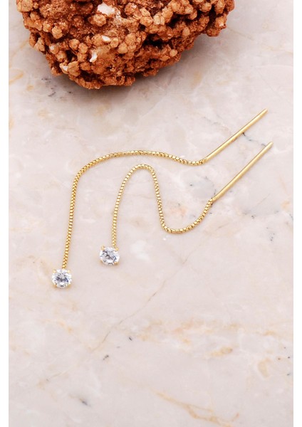 4 mm Tek Taş Altın Yaldızlı Gümüş Zincir Küpe