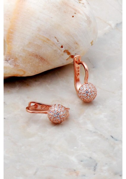 Taşlı Rose Gümüş Top Küpe