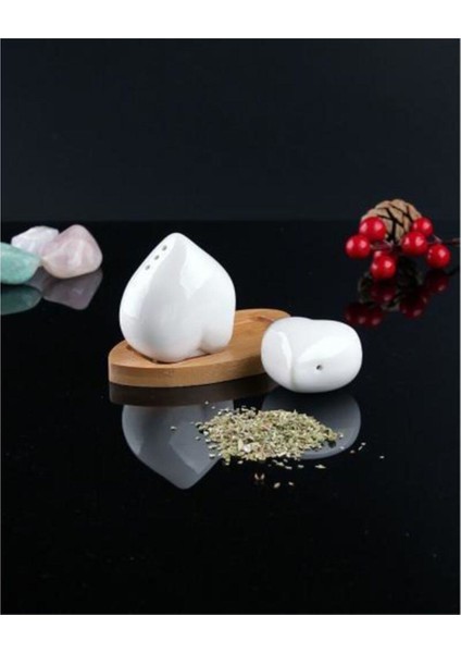 Porselen 2'li Tuzluk Baharatlık Set Bambu Stantlı Kalpli fiyatları