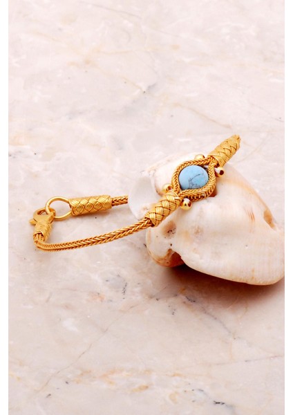 Altın Yaldızlı Kazaziye İşlemeli Turkuaz Bileklik