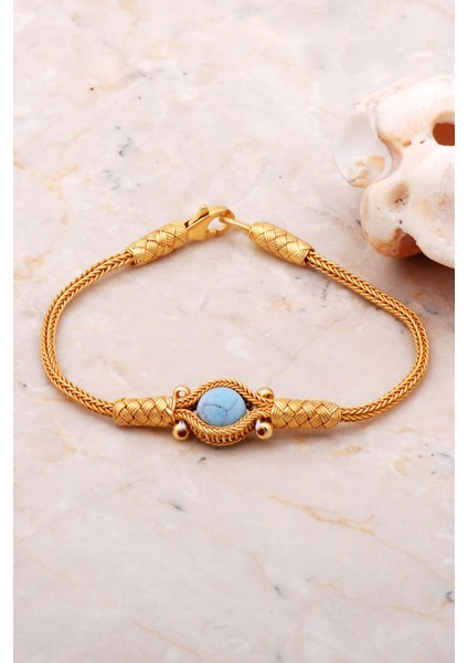 Altın Yaldızlı Kazaziye İşlemeli Turkuaz Bileklik fiyatları