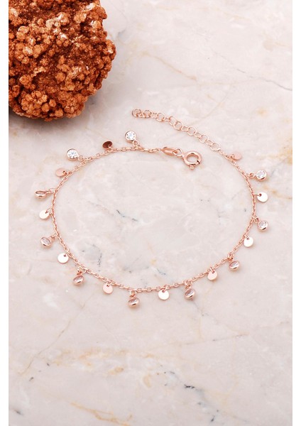 Pullu Taşlı Sallantılı Rose Gümüş Bileklik
