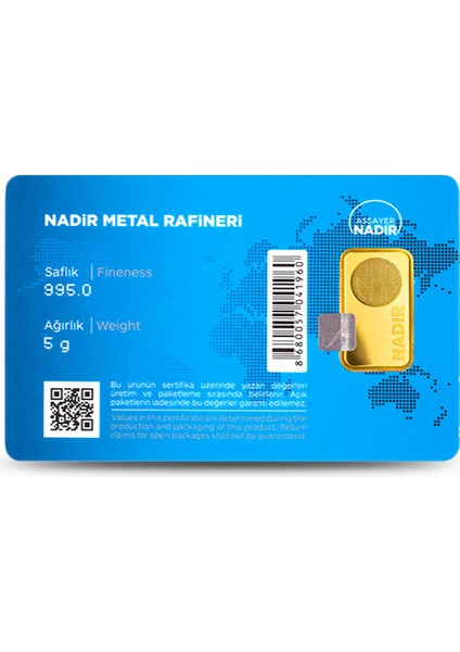 Nadir Gold 24 Ayar Külçe Gram Altın 5 Gr.  - Aynı Gün Kargo