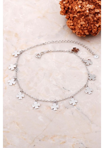 Yonca Sallantılı Rodyumlu Gümüş Halhal