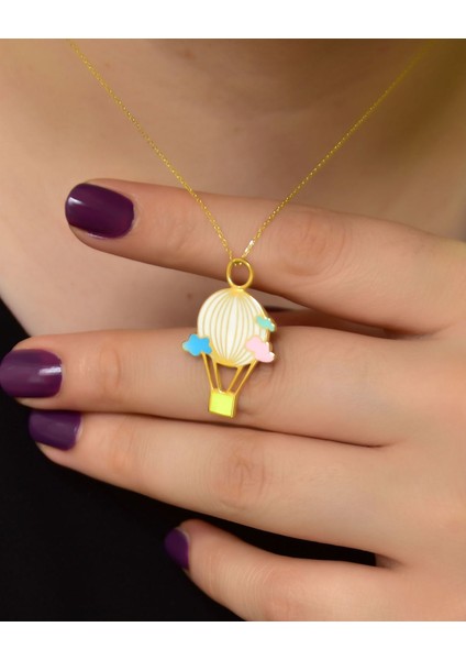 925 Ayar Gümüş Altın Kaplama Mineli Uçan Balon Kadın Kolye