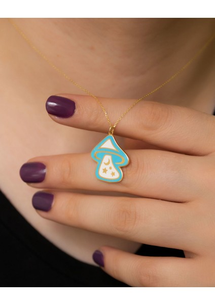 925 Ayar Gümüş Altın Kaplama Mineli Mantar Kadın Kolye