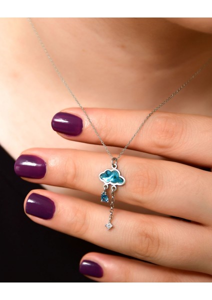 925 Ayar Gümüş Rodyum Kaplama Mavi Desenli Sedef Yağmur Bulut Kolye