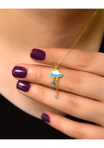 925 Ayar Gümüş Altın Kaplama Beyaz Mavi Akışlı Mineli Yağmur Bulut Kolye