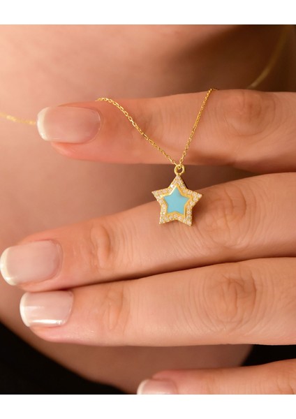 925 Ayar Gümüş Altın Kaplama Taşlı Mineli Yıldız Kolye