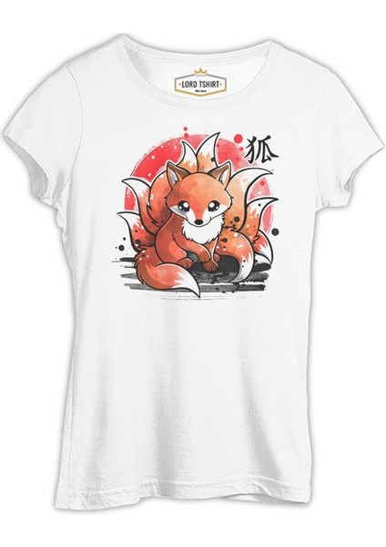 Lordd T-Shirt Japon - Kitsune Ay Beyaz Kadın T-Shirt