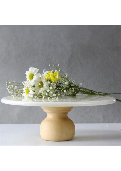 Mermer 25 cm Ahşap Ayaklı Beyaz Yuvarlak Sunum Tabağı