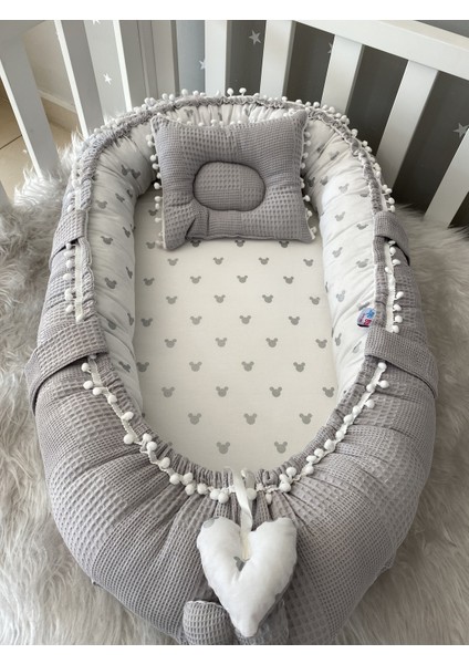 Gri Wafle Pike Kumaş Micky Tasarım Ponponlu Babynest