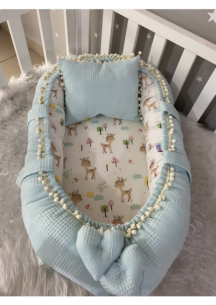 Mavi Wafle Pike Kumaş Geyik Tasarım Ponponlu Babynest