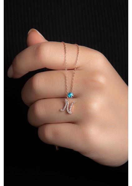 Beyaz Zirkon Taşlı N Harf Gümüş Kolye Rose Altın Kaplama 925 Ayar