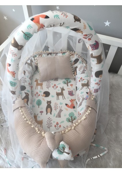 Jaju Baby Waffle Pike Kumaş ve Orman Müslin Kumaş Ponponlu Babynest Oyuncak Aparat ve Tül Set