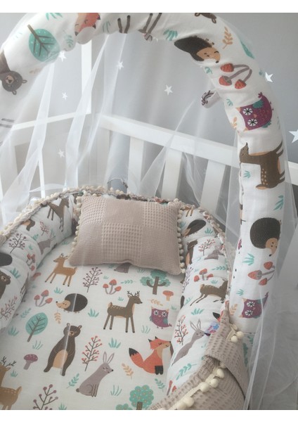 Jaju Baby Waffle Pike Kumaş ve Orman Müslin Kumaş Ponponlu Babynest Oyuncak Aparat ve Tül Set