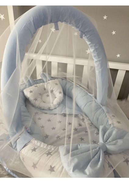 Mavi Kulaklı Cibinlik ve Oyuncak Aparatlı Lüx Tasarım Babynest fiyatları