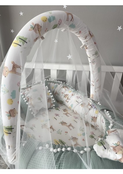 Wafle Yeşil Pike Kumaş Poplin Kumaş Ponponlu Babynest Oyuncak Aparat ve Tül Set