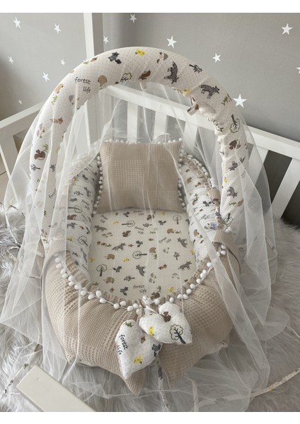 Wafle Pike Kumaş Müslin Kumaş Ponponlu Babynest Oyuncak Aparat ve Tül Set