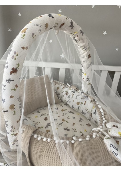 Wafle Pike Kumaş Müslin Kumaş Ponponlu Babynest Oyuncak Aparat ve Tül Set fiyatları