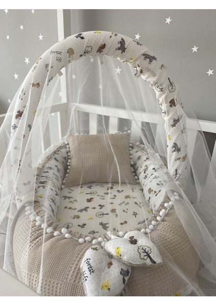 Wafle Pike Kumaş Müslin Kumaş Ponponlu Babynest Oyuncak Aparat ve Tül Set modelleri