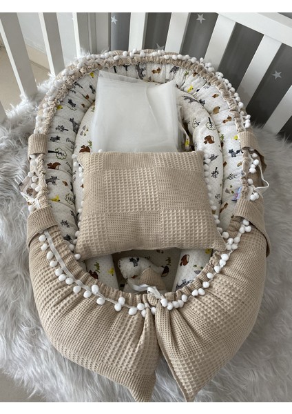 Wafle Pike Kumaş Müslin Kumaş Ponponlu Babynest Oyuncak Aparat ve Tül Set fırsatları