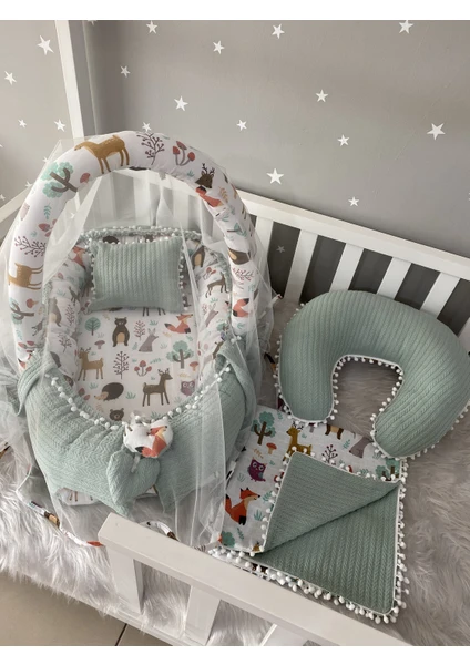 Jaju Baby Yeşil Örgü Pike Kumaş ve Orman  Kumaş Ponponlu 6 Parça Babynest Set