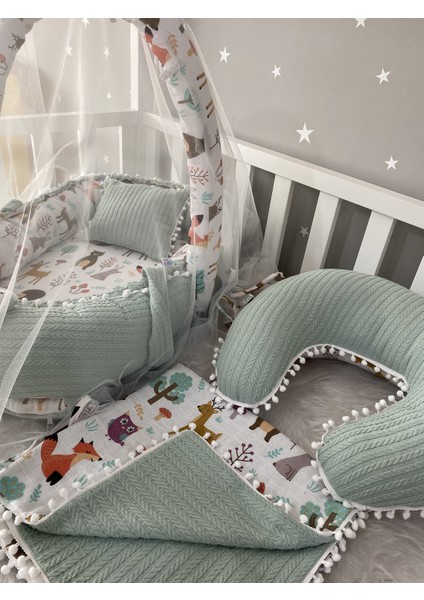 Jaju Baby Yeşil Örgü Pike Kumaş ve Orman Müslin Kumaş Ponponlu 6 Parça Babynest Set