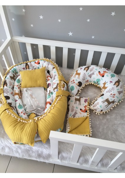 Sarı Örgü Pike Kumaş ve Orman Müslin Kumaş Ponponlu 6 Parça Babynest Set