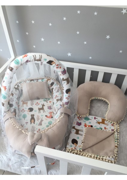 Waffle Pike Kumaş ve Orman Müslin Kumaş Ponponlu 6 Parça Babynest Set