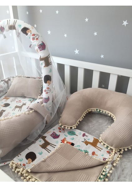 Waffle Pike Kumaş ve Orman Müslin Kumaş Ponponlu 6 Parça Babynest Set