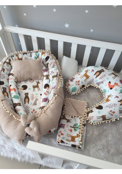 Waffle Pike Kumaş ve Orman Müslin Kumaş Ponponlu 6 Parça Babynest Set