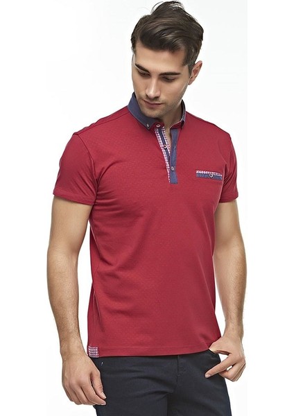 Erkek Kırmızı Baskılı Kısa Kollu Polo T-shirt, OT-P-21003