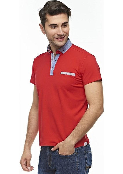 Erkek Düz Penye Kırmızı Kısa Kollu Polo T-shirt,AT-P-21008