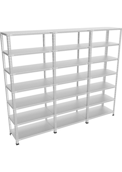 7 Katlı 3'lü Galvaniz Çelik Raf - Depo, Arşiv, Kiler, Dosya, Market Rafı - 59x93 cm-250 cm-1.50 mm