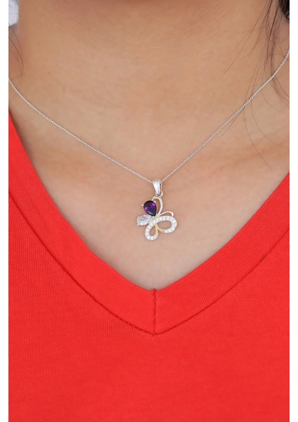 Kelebek Tasarım Zirkon Taşlı Kadın Gümüş Kolye