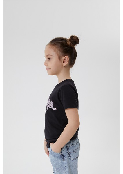 Bisiklet Yaka Baskılı Kısa Siyah Kız Çocuk T-Shirt