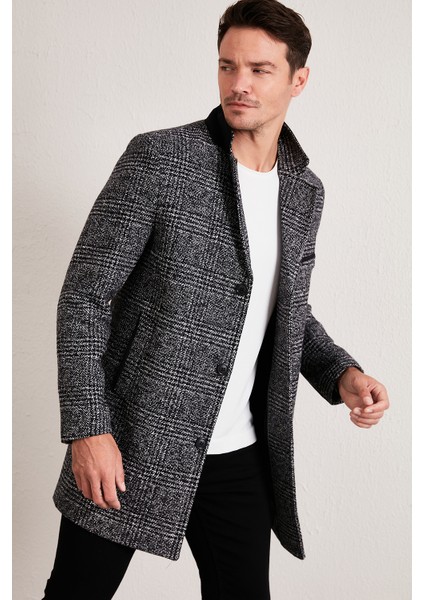 Slim Fit Tek Yırtmaçlı Düğmeli Mono Yaka Kaşe Kaban Erkek Kaban 5840098 modelleri