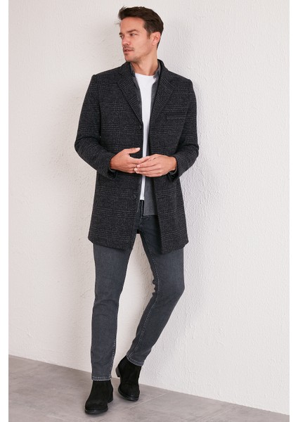 Slim Fit Tek Yırtmaçlı Düğmeli Mono Yaka Kaşe Kaban Erkek Kaban 5840098