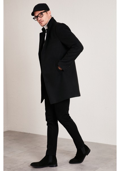 Slim Fit Pamuklu Düğmeli Kaşe Kaban Erkek Kaban 5840098