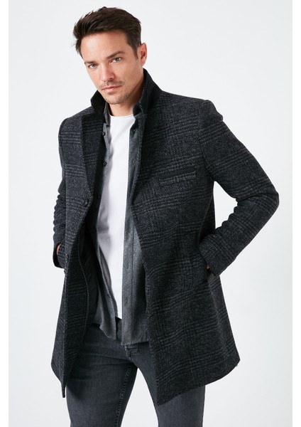 Slim Fit Tek Yırtmaçlı Düğmeli Mono Yaka Kaşe Kaban Erkek Kaban 5840098 modelleri