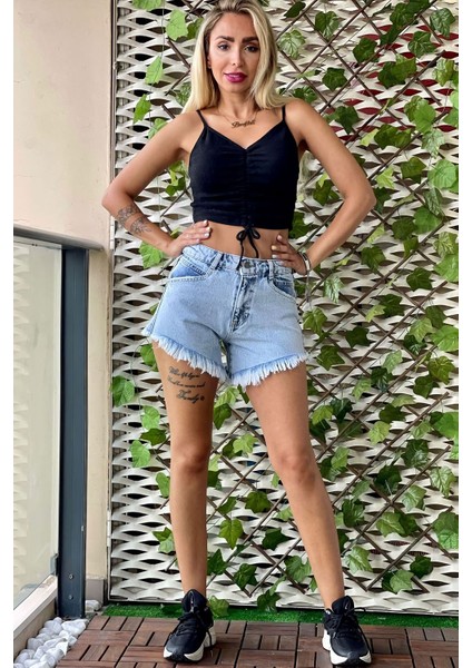 Lazer Kesim Mini Jean Kadın Şort 2224-916 Buz Mavisi