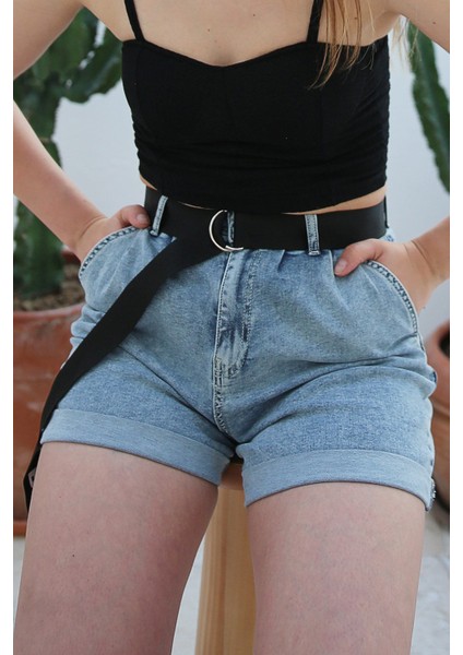 Kemerli Kadın Jean Mom Şort 2352-904 Mavi fırsatları